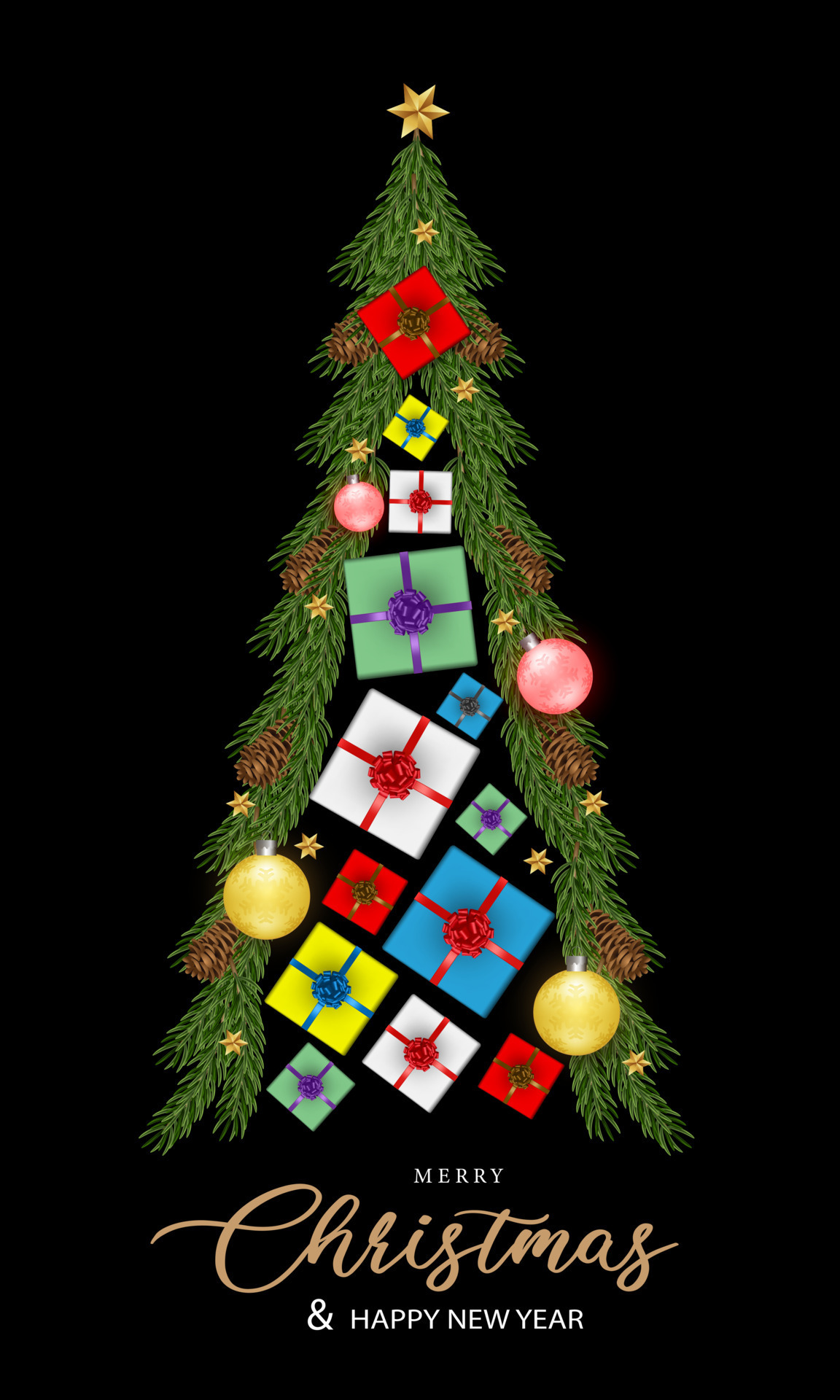 Merry Christmas and Happy New Year green pine leaf tree shape gold ball stars gift box on black