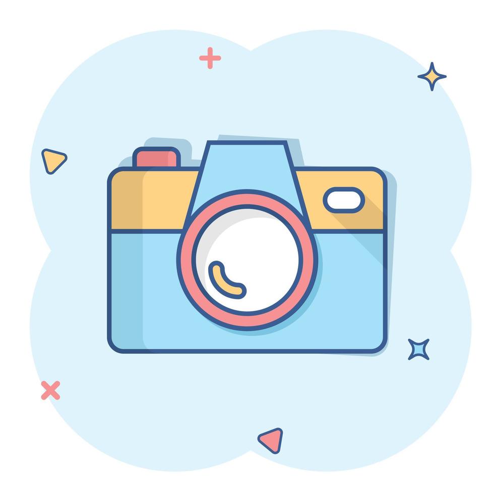 Camera device sign icon in comic style. Photography vector cartoon illustration on white isolated background. Cam equipment business concept splash effect.