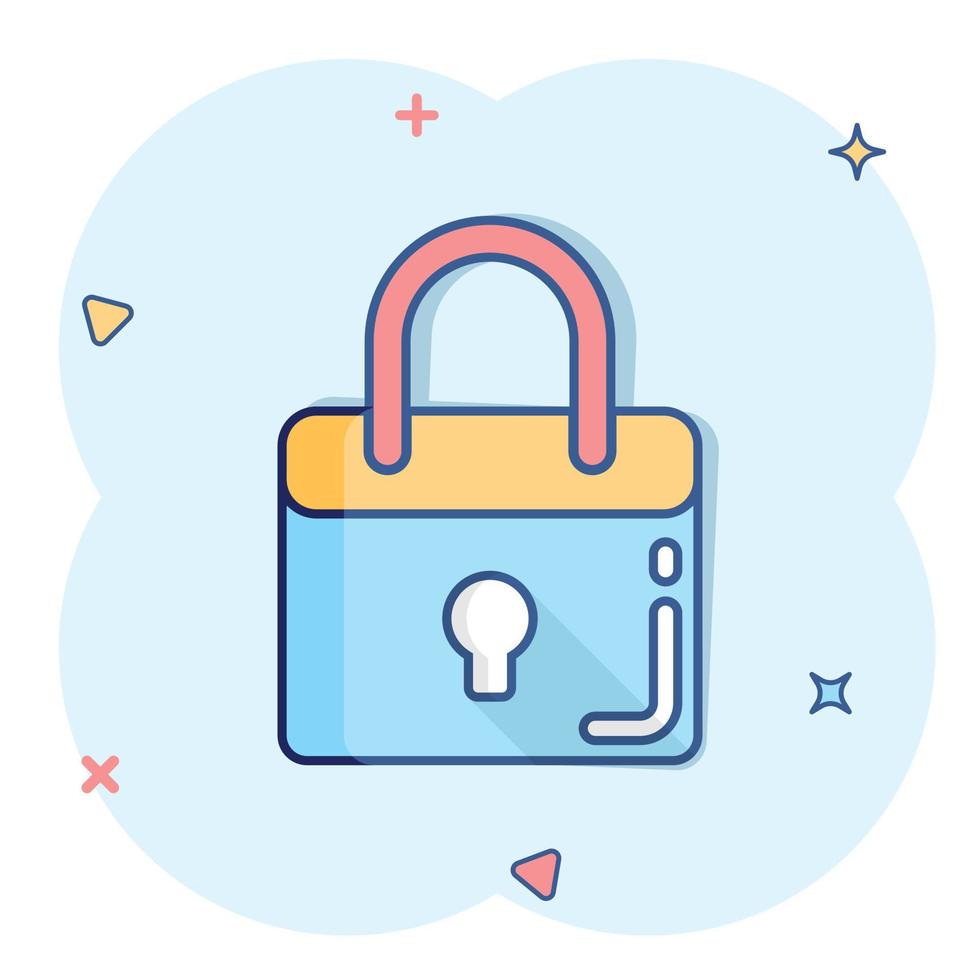 Locker icon in comic style. Padlock password cartoon vector illustration on white isolated background. Key unlock splash effect business concept.