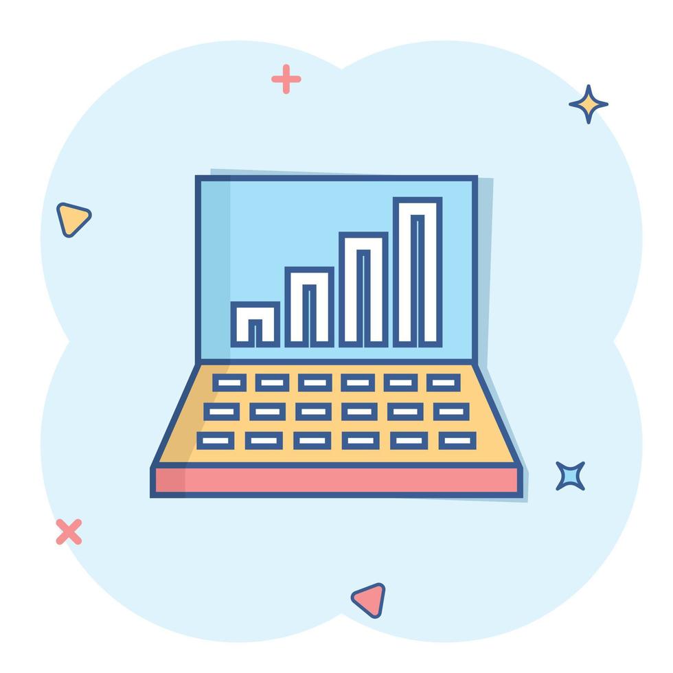Laptop chart icon in comic style. SEO data cartoon vector illustration on white isolated background. Computer diagram splash effect business concept.