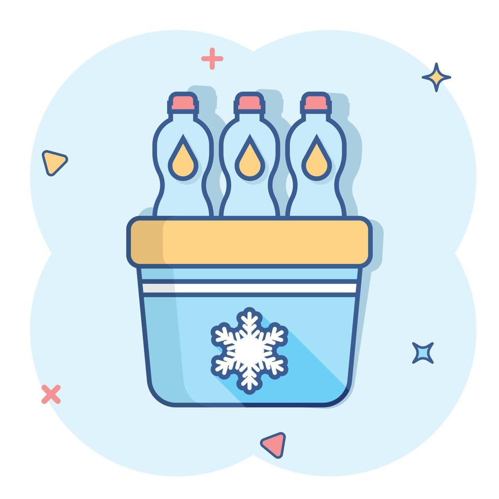 Fridge refrigerator icon in comic style. Freezer container vector cartoon illustration pictogram. Water bottle business concept splash effect.