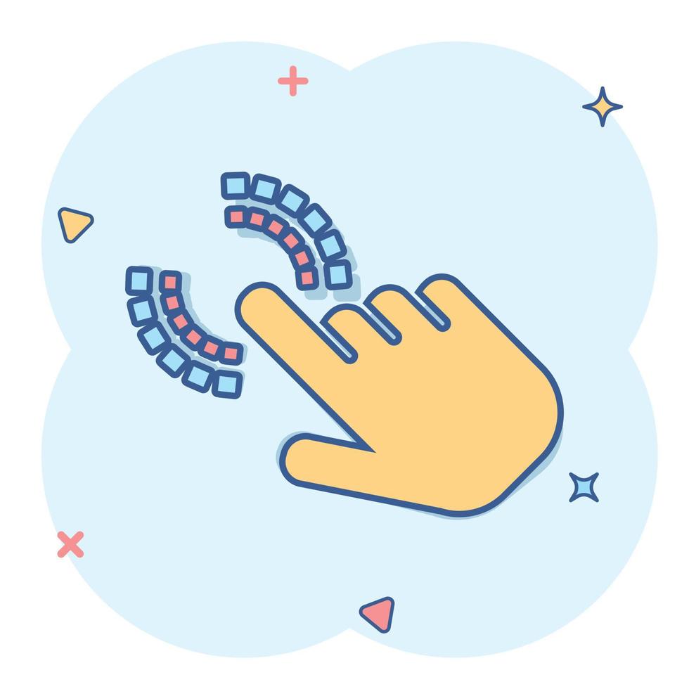 Vector cartoon click hand icon in comic style. Cursor finger sign illustration pictogram. Pointer business splash effect concept.