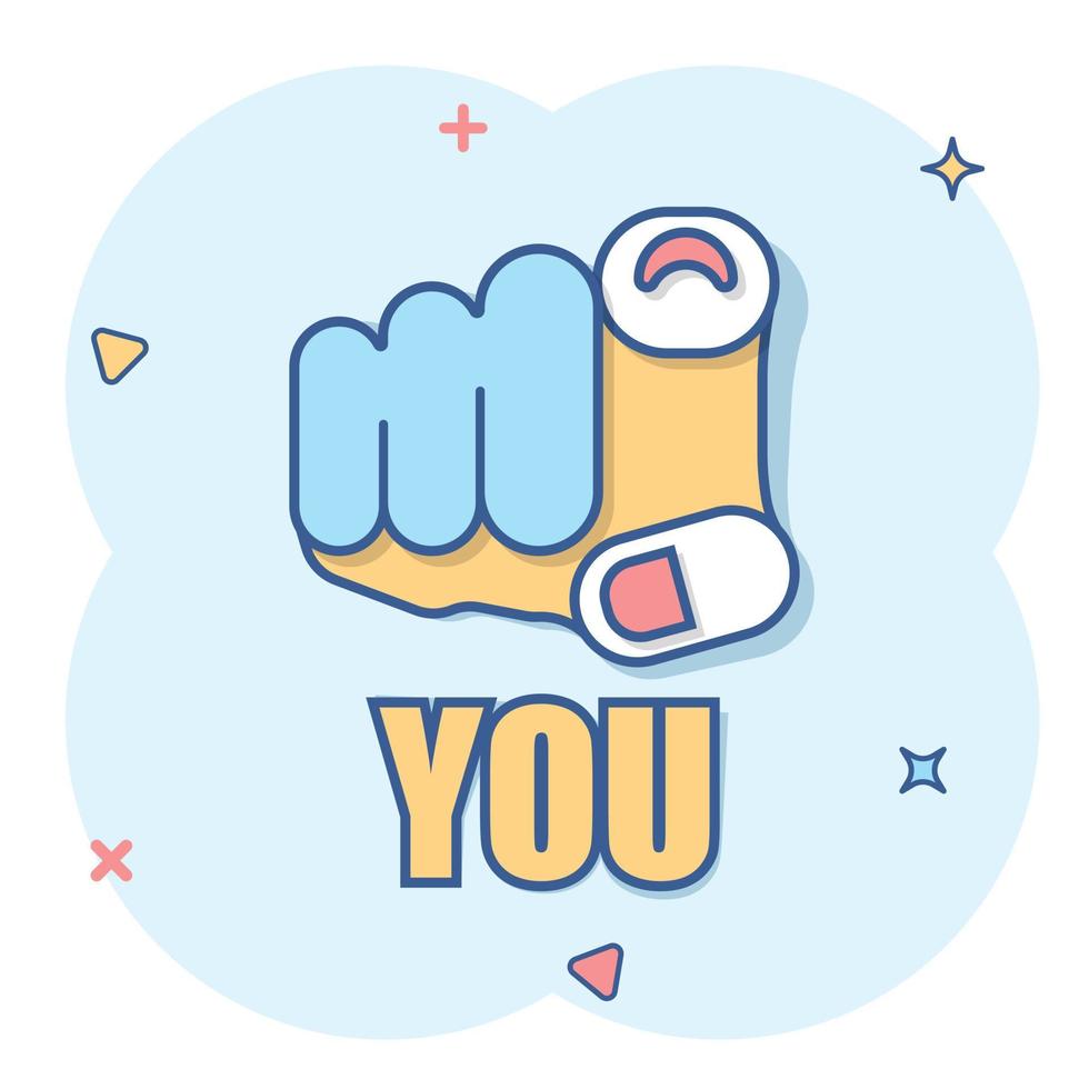 Finger point icon in comic style. Hand gesture cartoon vector illustration on white isolated background. You forward splash effect business concept.