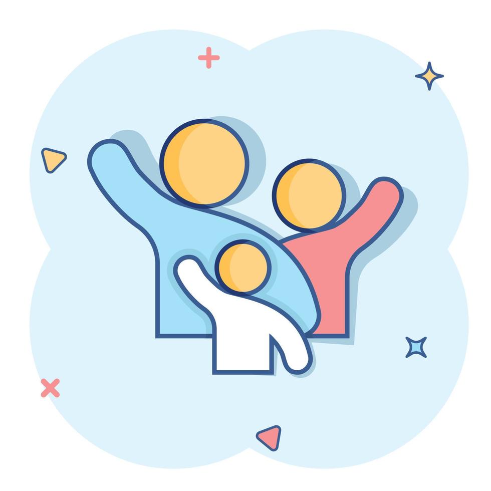 Family greeting with hand up icon in comic style. Person gesture vector cartoon illustration pictogram. People leader business concept splash effect.