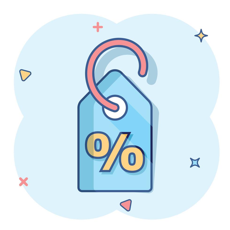 Vector cartoon discount percent tag icon in comic style. Price sale concept illustration pictogram. Promotion coupon business splash effect concept.