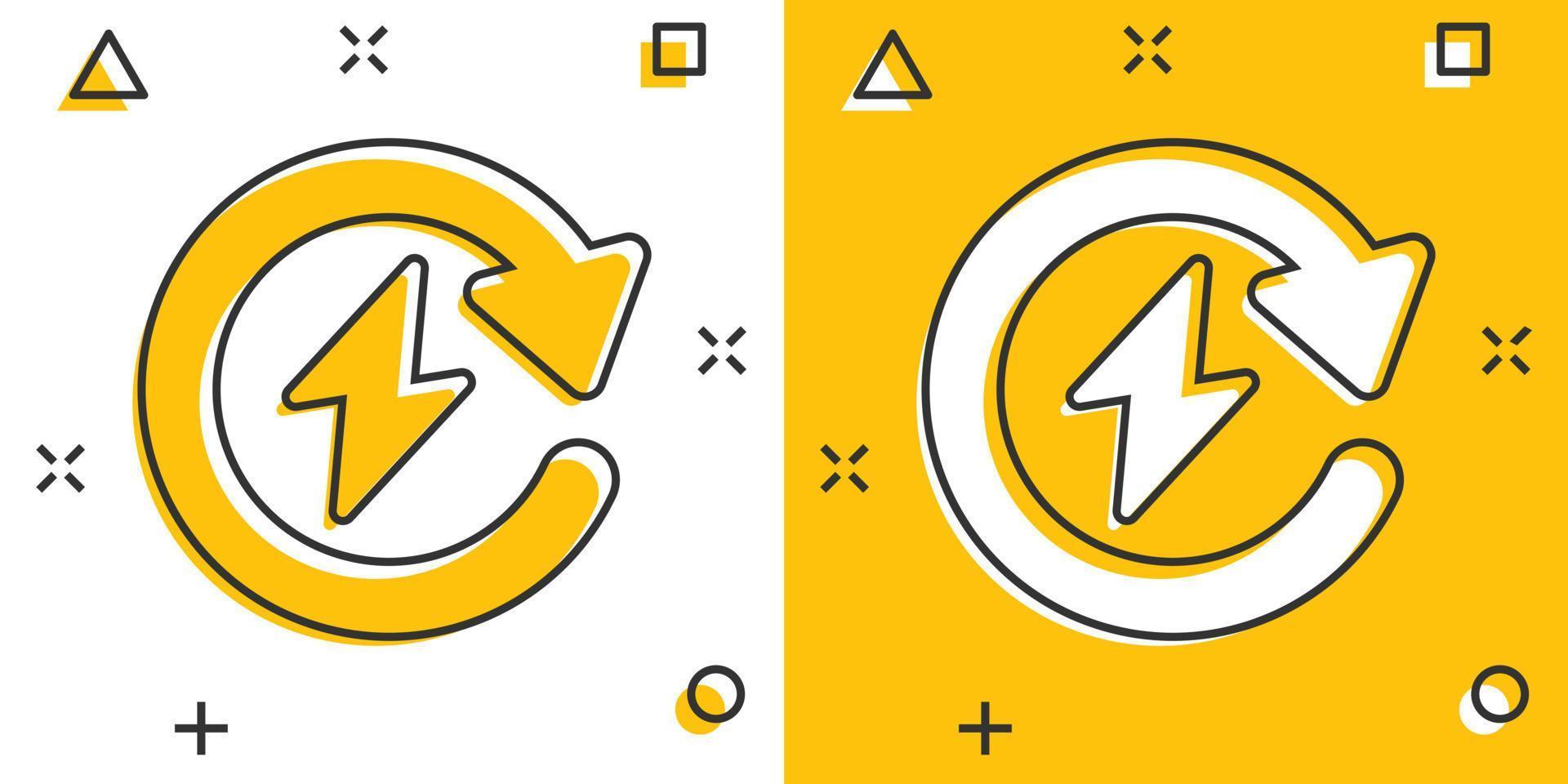 Energy recharge icon in comic style. Voltage and arrow cartoon vector illustration on white isolated background. Electric splash effect sign business concept.