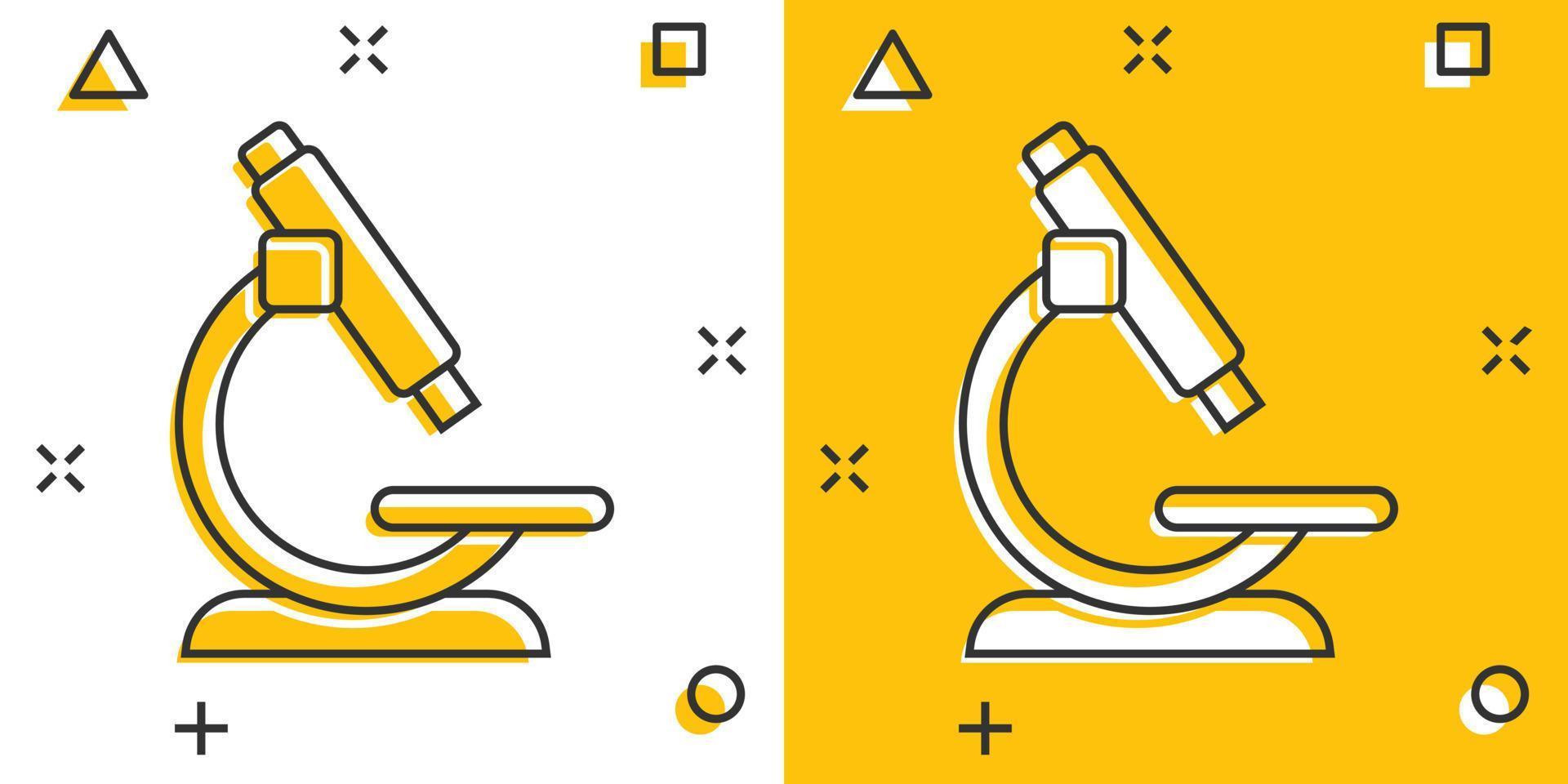 icono de microscopio en estilo cómico. Ilustración de vector de dibujos animados de lupa de laboratorio sobre fondo aislado. concepto de negocio de signo de efecto de salpicadura de instrumento de biología.