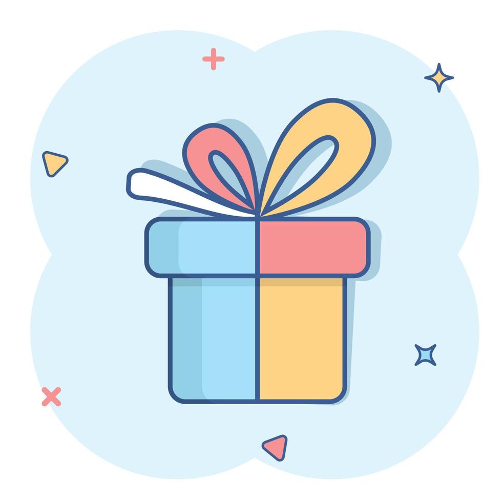 Gift box icon in comic style. Present package vector cartoon illustration on white isolated background. Surprise business concept splash effect.