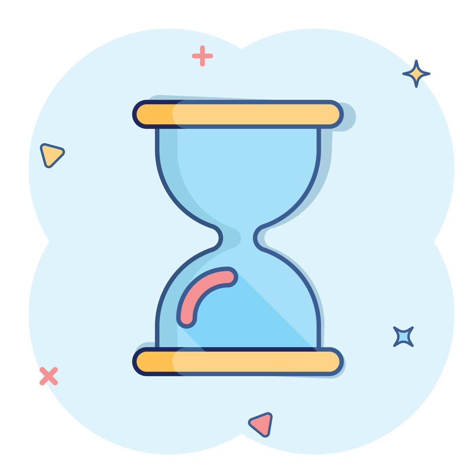 icono de reloj de arena en estilo cómico. ilustración de vector de dibujos animados de reloj de arena sobre fondo blanco aislado. concepto de negocio de efecto de salpicadura de reloj.