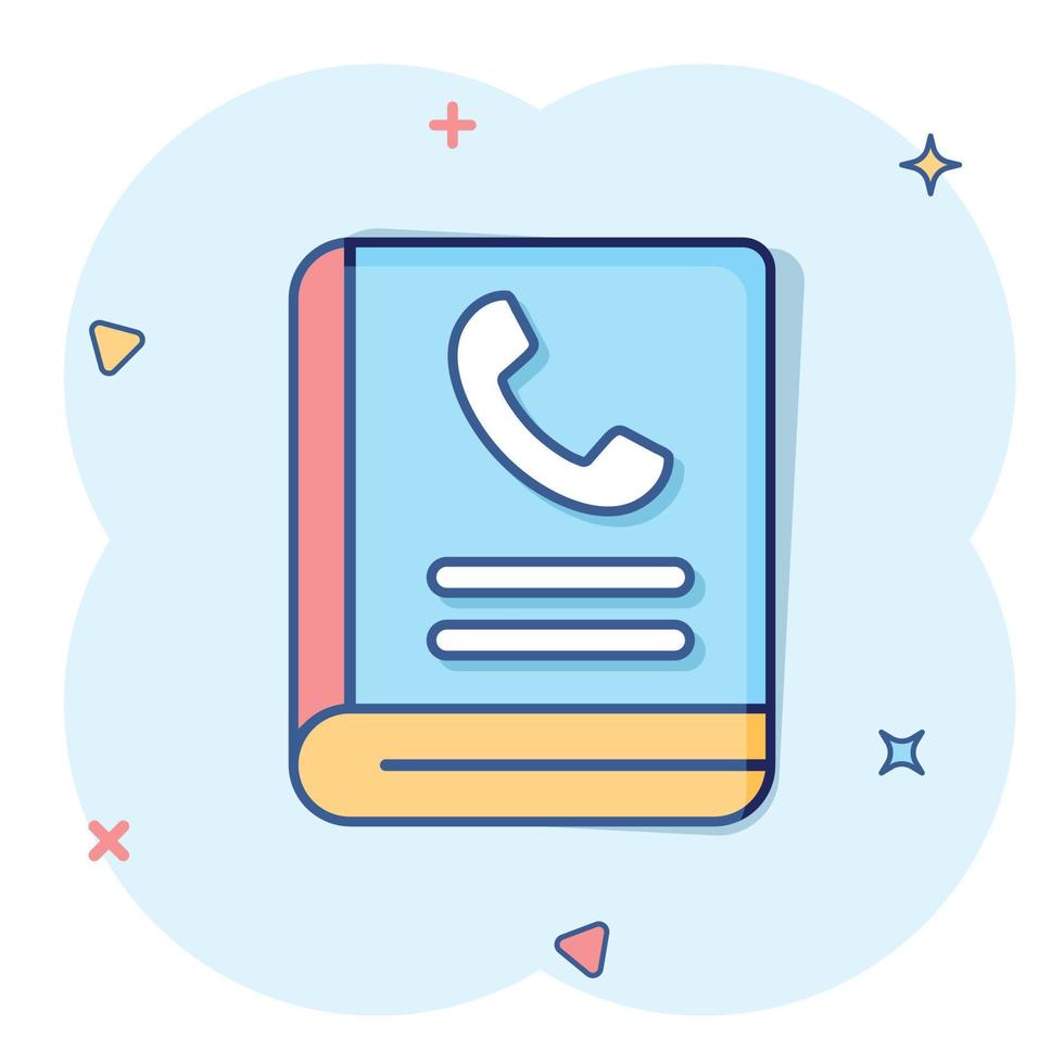 Address phone book icon in comic style. Telephone notebook cartoon vector illustration on white isolated background. Hotline contact splash effect business concept.