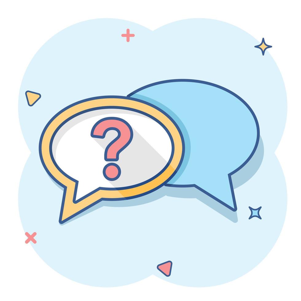 Question mark icon in comic style. Discussion speech bubble vector cartoon illustration pictogram. Question business concept splash effect.