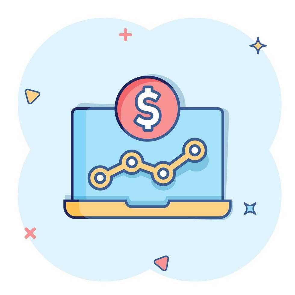 Laptop computer chart icon in comic style. Money diagram cartoon vector illustration on white isolated background. Financial process splash effect business concept.