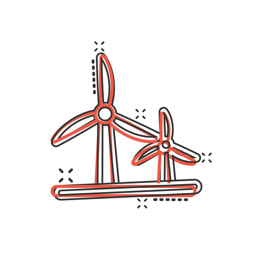 Wind power plant icon in comic style. Turbine cartoon vector illustration on white isolated background. Air energy splash effect sign business concept.