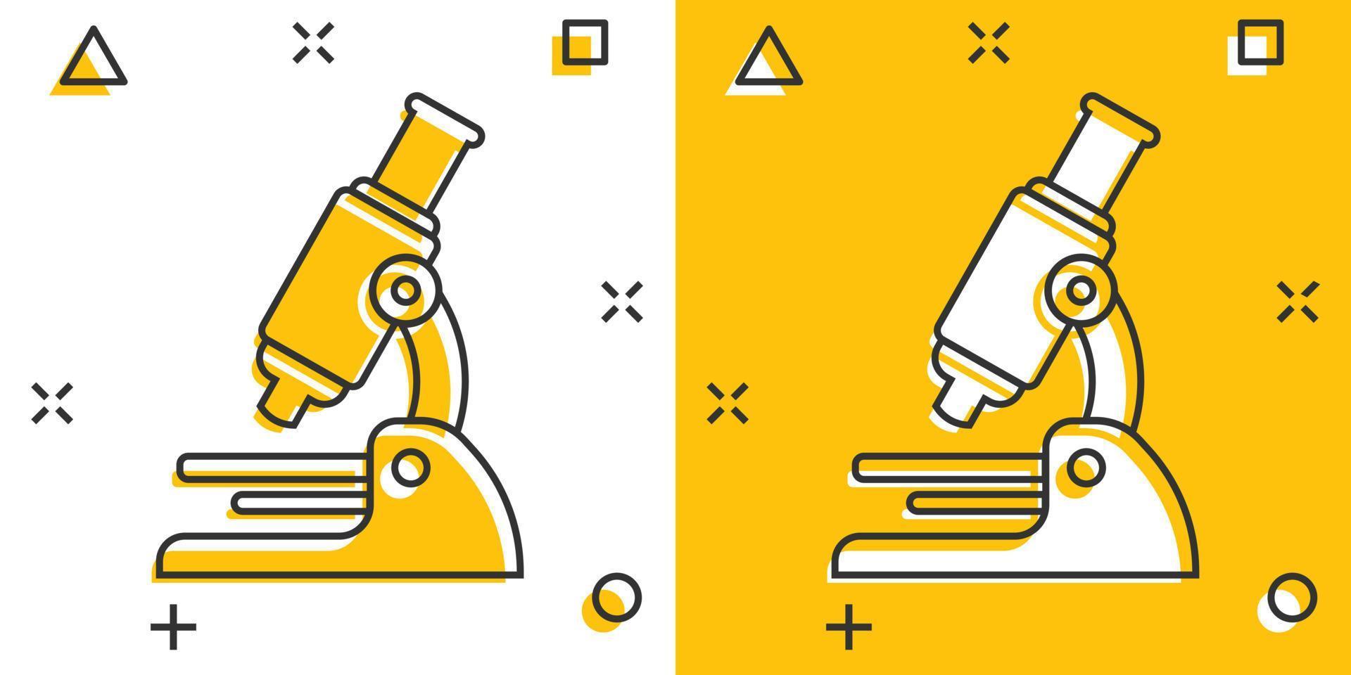 Microscope icon in comic style. Laboratory magnifier cartoon vector illustration on isolated background. Biology instrument splash effect sign business concept.