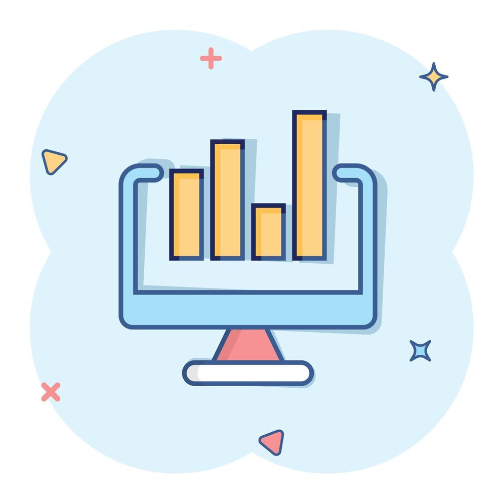 Website analytics icon in comic style. SEO data cartoon vector illustration on white isolated background. Computer diagram splash effect business concept.