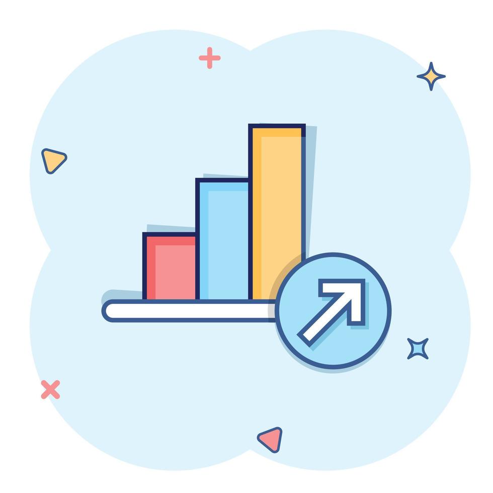 icono de tendencia del mercado en estilo cómico. flecha de crecimiento con ilustración de vector de dibujos animados de lupa sobre fondo blanco aislado. aumentar el concepto de negocio de efecto de salpicadura.