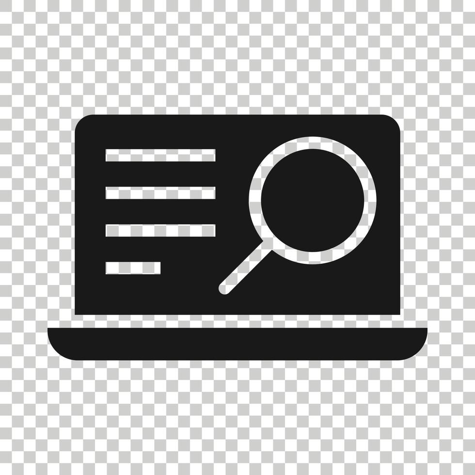Computer search icon in flat style. Laptop with magnifying glass vector illustration on white isolated background. Device display business concept.