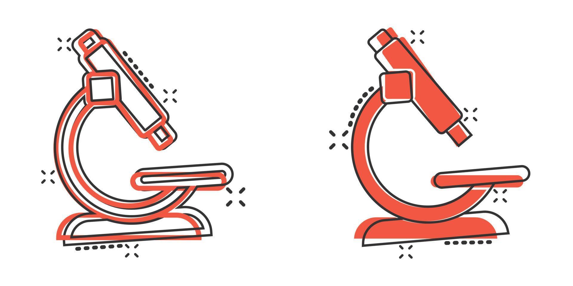 Microscope icon in comic style. Laboratory magnifier cartoon vector illustration on isolated background. Biology instrument splash effect sign business concept.