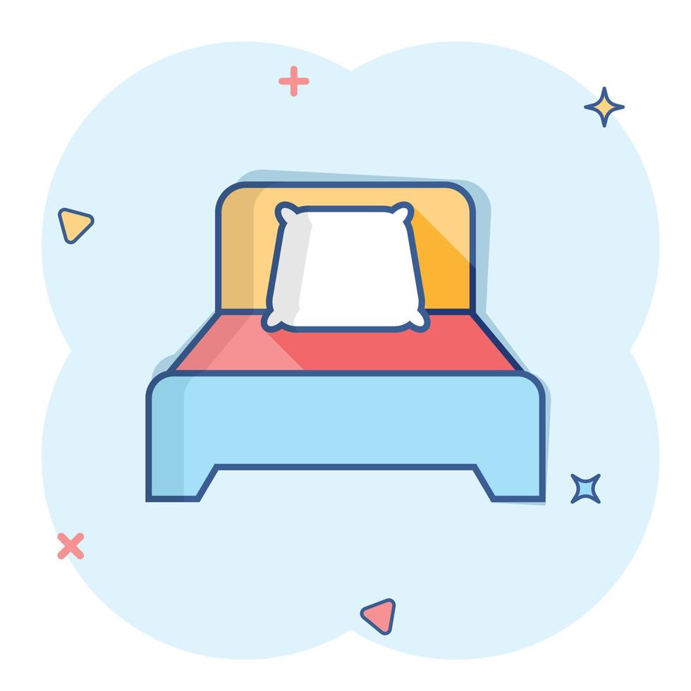 icono de cama en estilo cómico. dormir dormitorio vector dibujos animados ilustración pictograma. relajarse sofá concepto de negocio efecto de salpicadura.