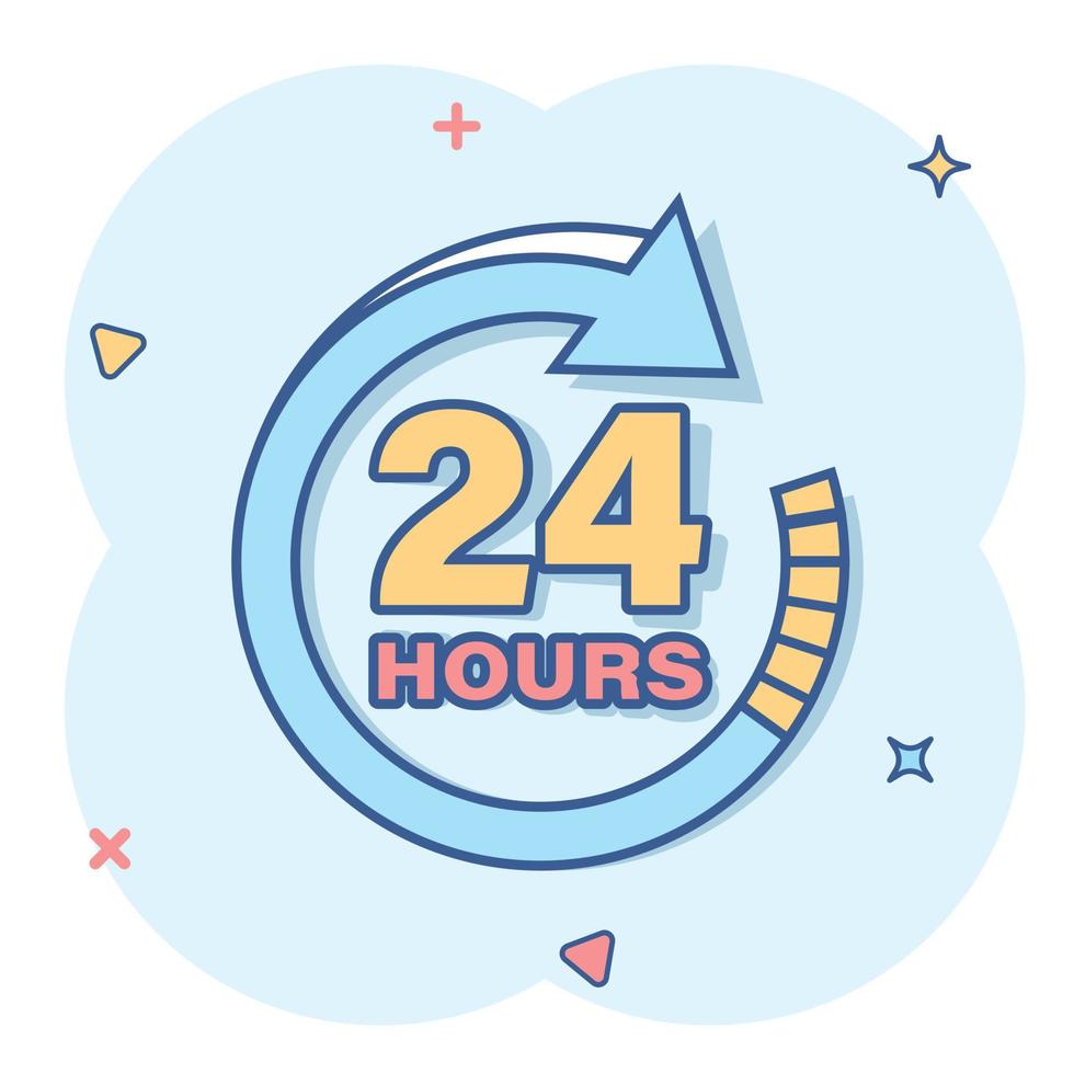 24 hours clock sign icon in comic style. Twenty four hour open vector cartoon illustration on white isolated background. Timetable business concept splash effect.