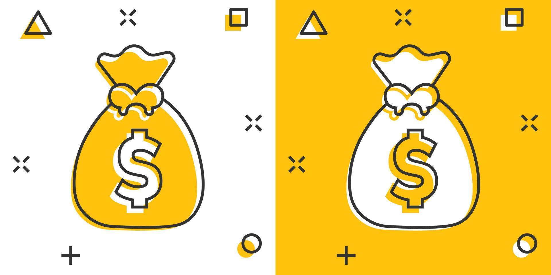 icono de bolsa de dinero en estilo cómico. Ilustración de vector de dibujos animados de bolsa de dinero sobre fondo aislado. signo de efecto de salpicadura de saco de monedas concepto de negocio.