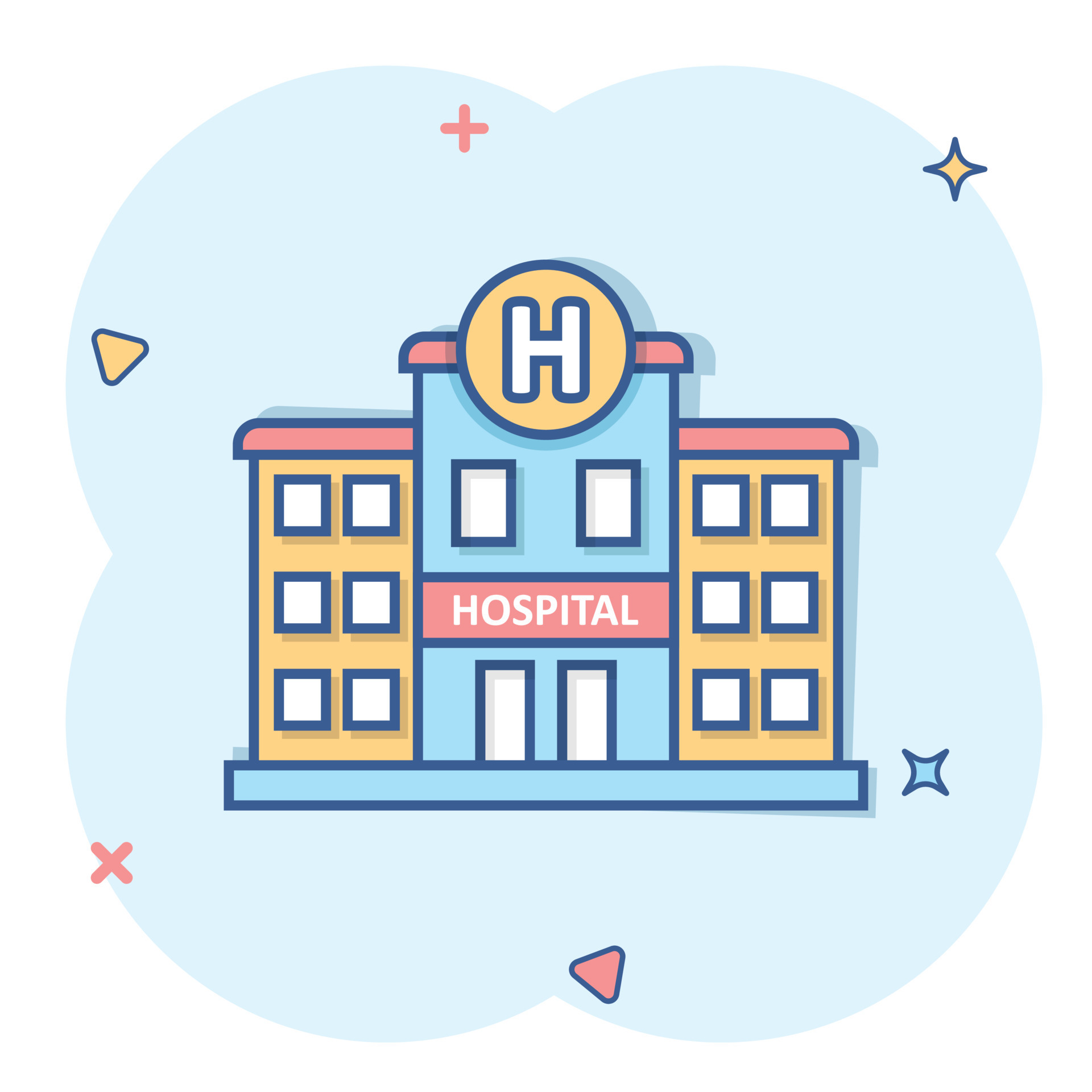 Hospital building icon in comic style. Medical clinic cartoon vector  illustration on isolated background. Medicine splash effect sign business  concept. 16133507 Vector Art at Vecteezy