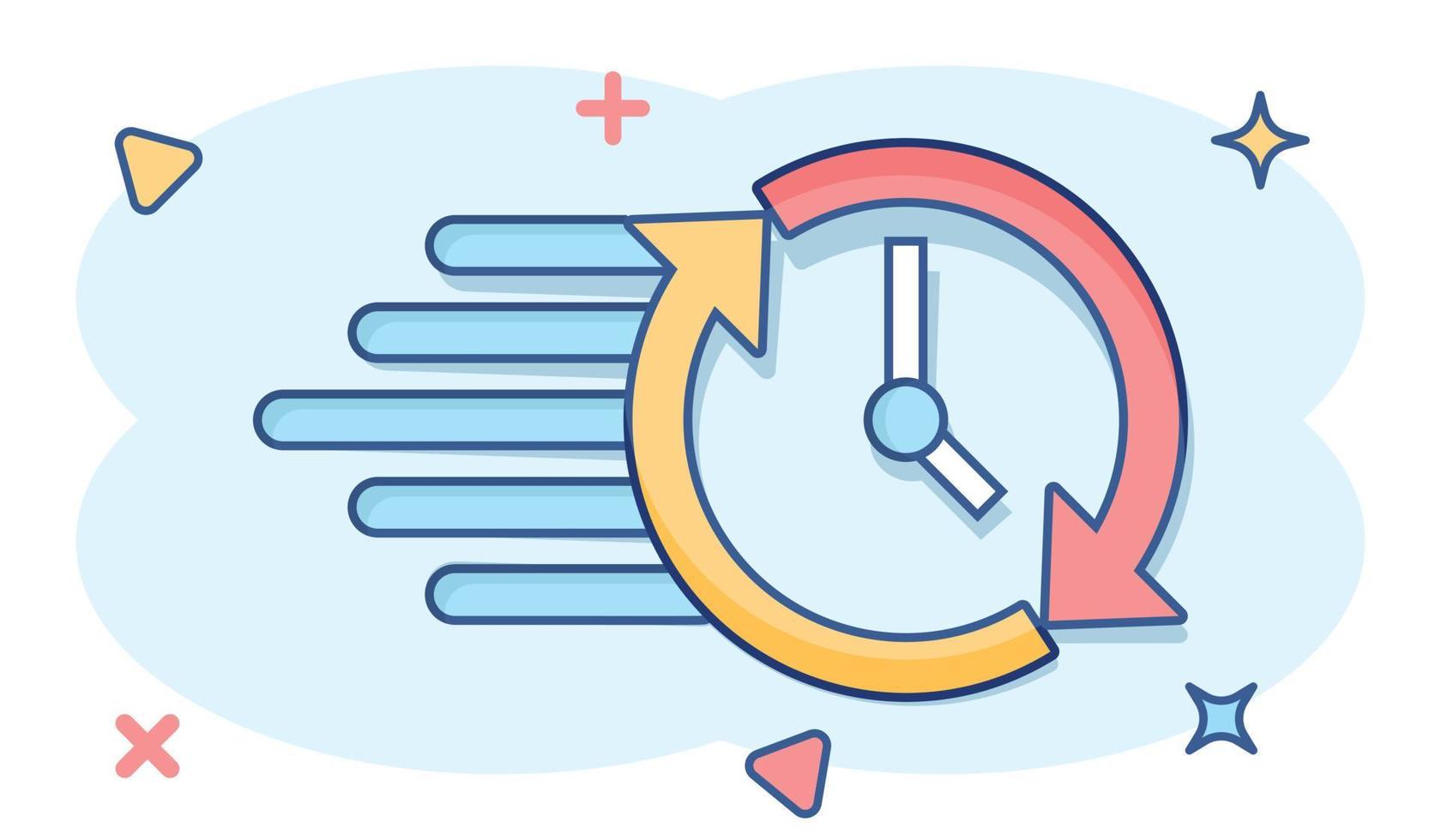 Clock countdown icon in comic style. Time chronometer vector cartoon illustration pictogram. Clock business concept splash effect.