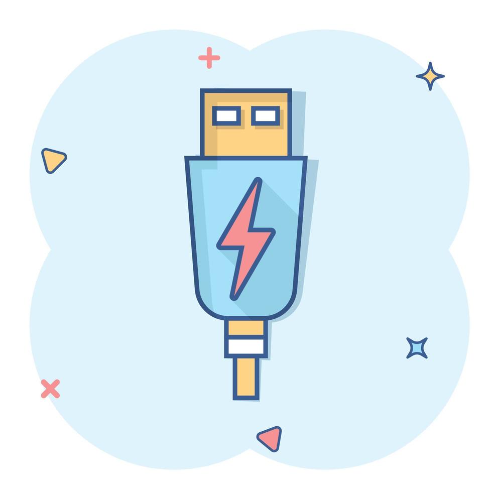 Usb cable icon in comic style. Electric charger vector cartoon illustration on white isolated background. Battery adapter splash effect business concept.