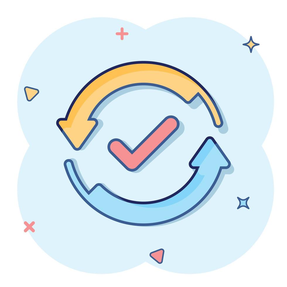 Check mark sign icon in comic style. Confirm button cartoon vector illustration on white isolated background. Accepted splash effect business concept.
