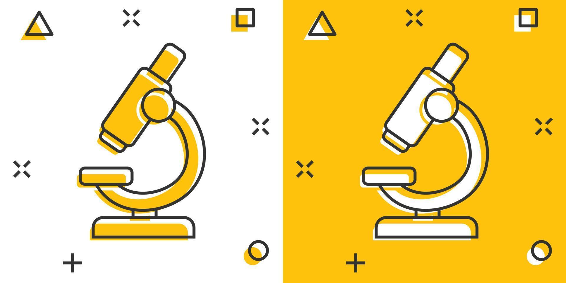 Microscope icon in comic style. Laboratory magnifier cartoon vector illustration on isolated background. Biology instrument splash effect sign business concept.