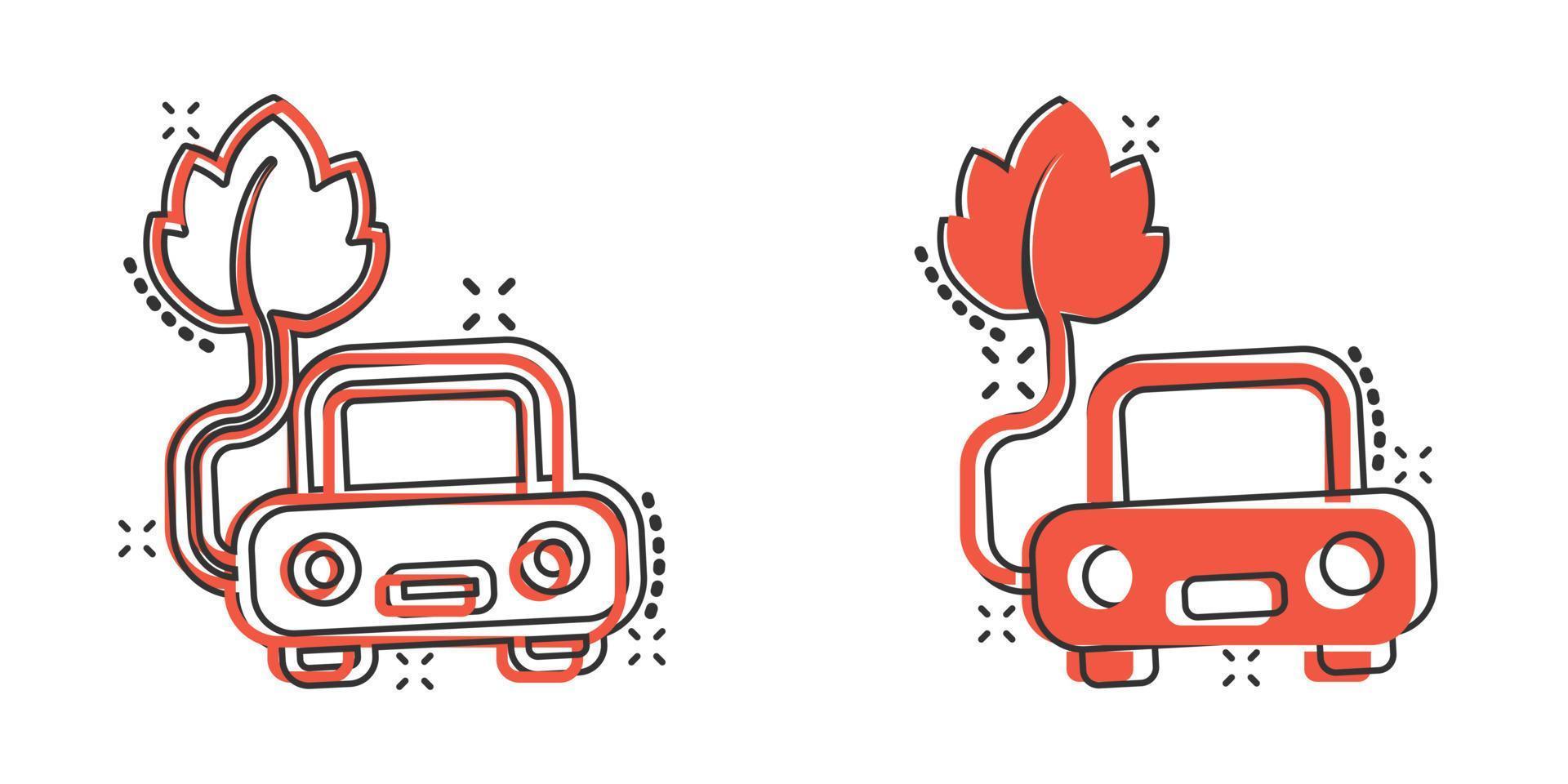 Eco car icon in comic style. Leaf and auto cartoon vector illustration on white isolated background. Bio charging splash effect sign business concept.