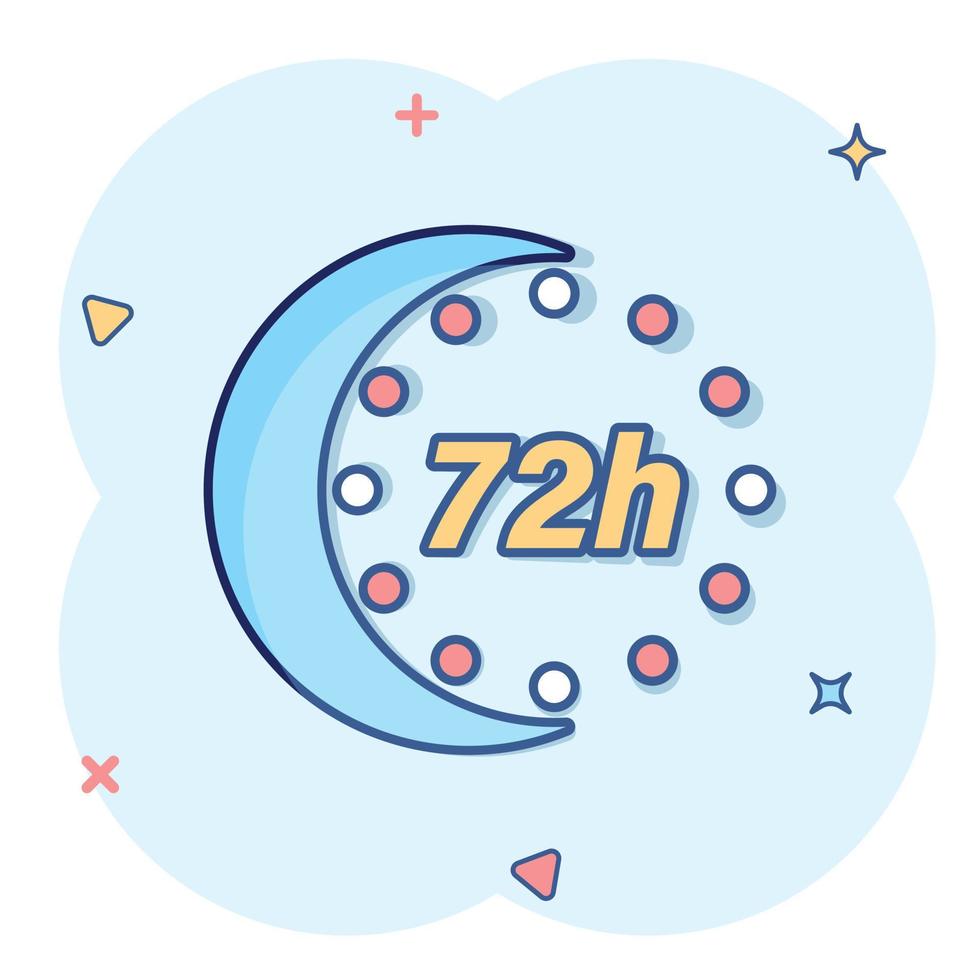 72 hours clock icon in comic style. Timer countdown cartoon vector illustration on isolated background. Time measure splash effect sign business concept.