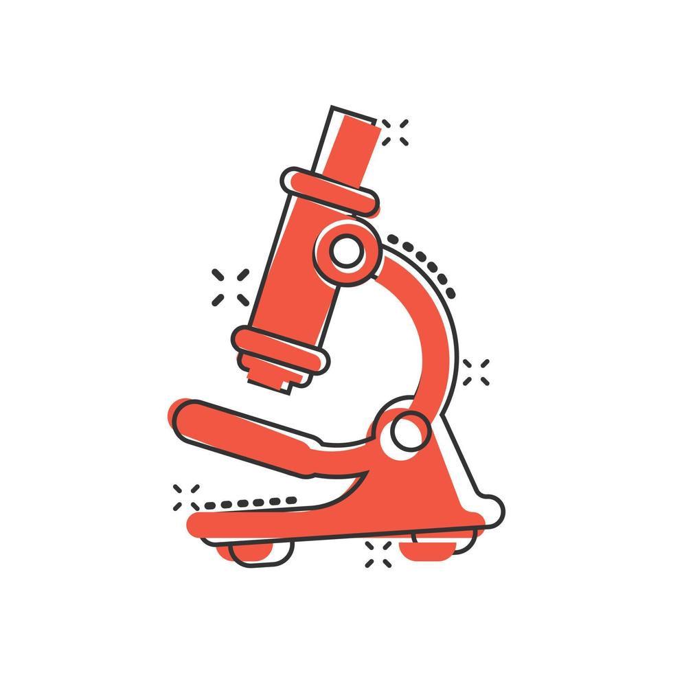 Microscope icon in comic style. Laboratory magnifier cartoon vector illustration on isolated background. Biology instrument splash effect sign business concept.