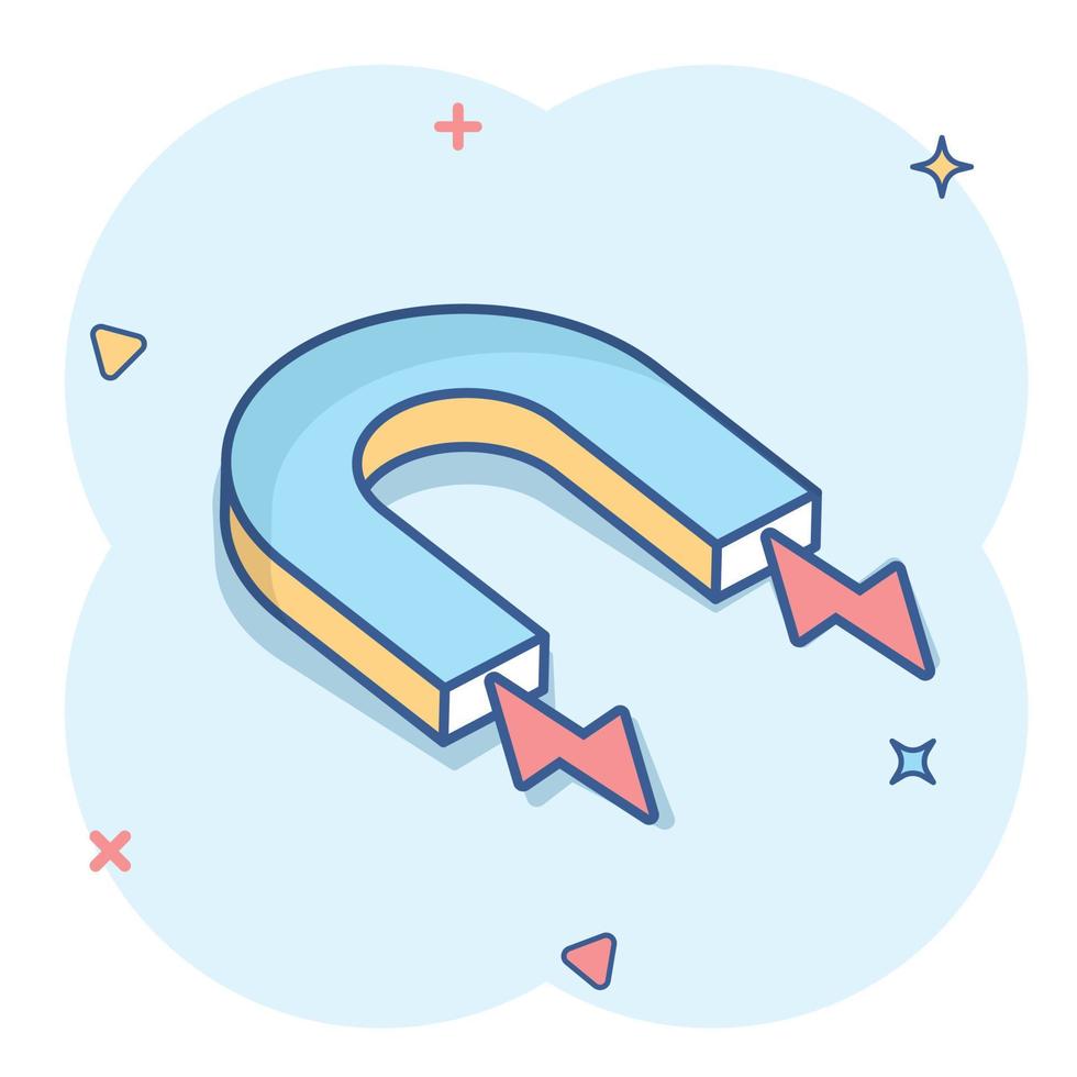 Magnet icon in comic style. Attract cartoon vector illustration on white isolated background. Electromagnetic splash effect business concept.