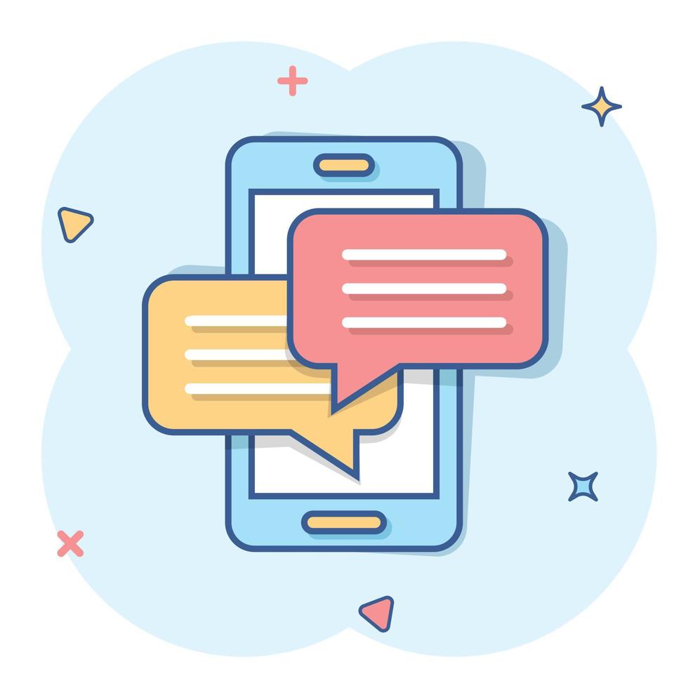 Mobile phone chat sign icon in comic style. Message notifications vector cartoon illustration on white isolated background. Smartphone text business concept splash effect.