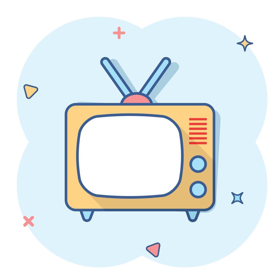 icono de tv de dibujos animados vectoriales en estilo cómico. pictograma de ilustración de señal de televisión. concepto de efecto de salpicadura de negocio de televisión. vector