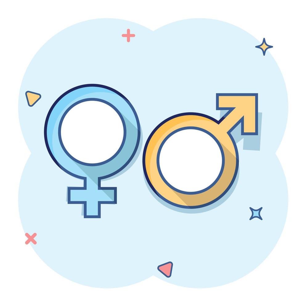 Vector cartoon gender icon in comic style. Men and women sign illustration pictogram. Sex business splash effect concept.