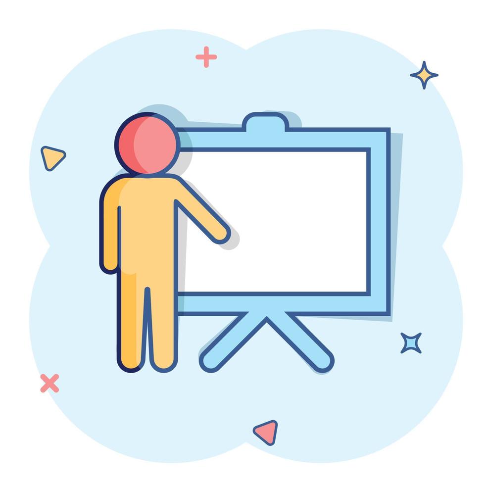 Training education icon in comic style. People seminar vector cartoon illustration pictogram. School classroom lesson business concept splash effect.