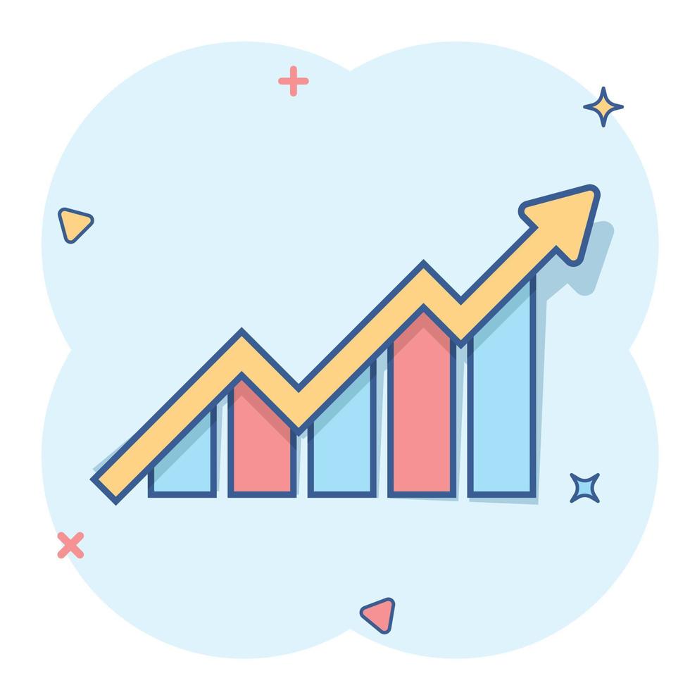 creciente icono de gráfico de barras en estilo cómico. aumentar el pictograma de ilustración de dibujos animados de vector de flecha. efecto de salpicadura de concepto de negocio de progreso infográfico.