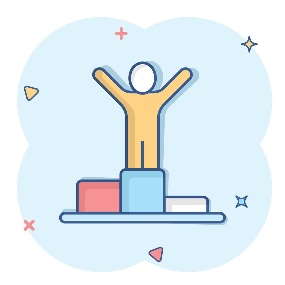People win icon in comic style. Champion on podium cartoon vector illustration on white isolated background. Award ceremony splash effect business concept.