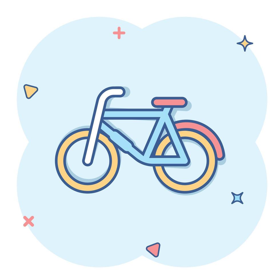 Bicycle icon in comic style. Bike exercise cartoon vector illustration on white isolated background. Fitness exercise splash effect sign business concept.