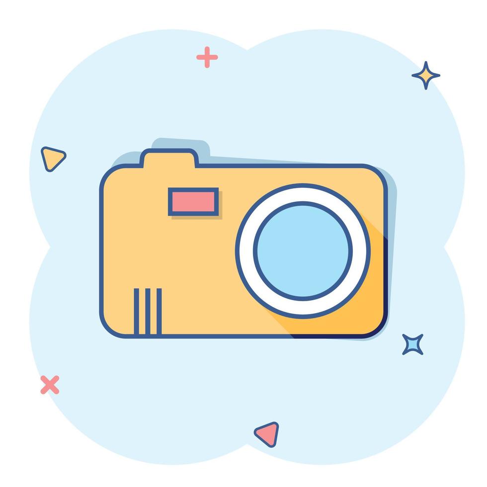 Vector cartoon photo camera icon in comic style. Photographer cam sign illustration pictogram. Camera business splash effect concept.