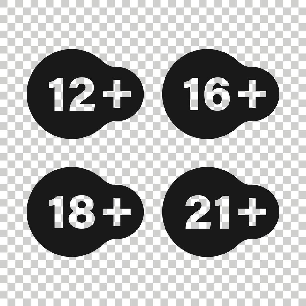 12, 16, 18, 21 plus icon in flat style. Censorship vector illustration on white isolated background. Censored business concept.