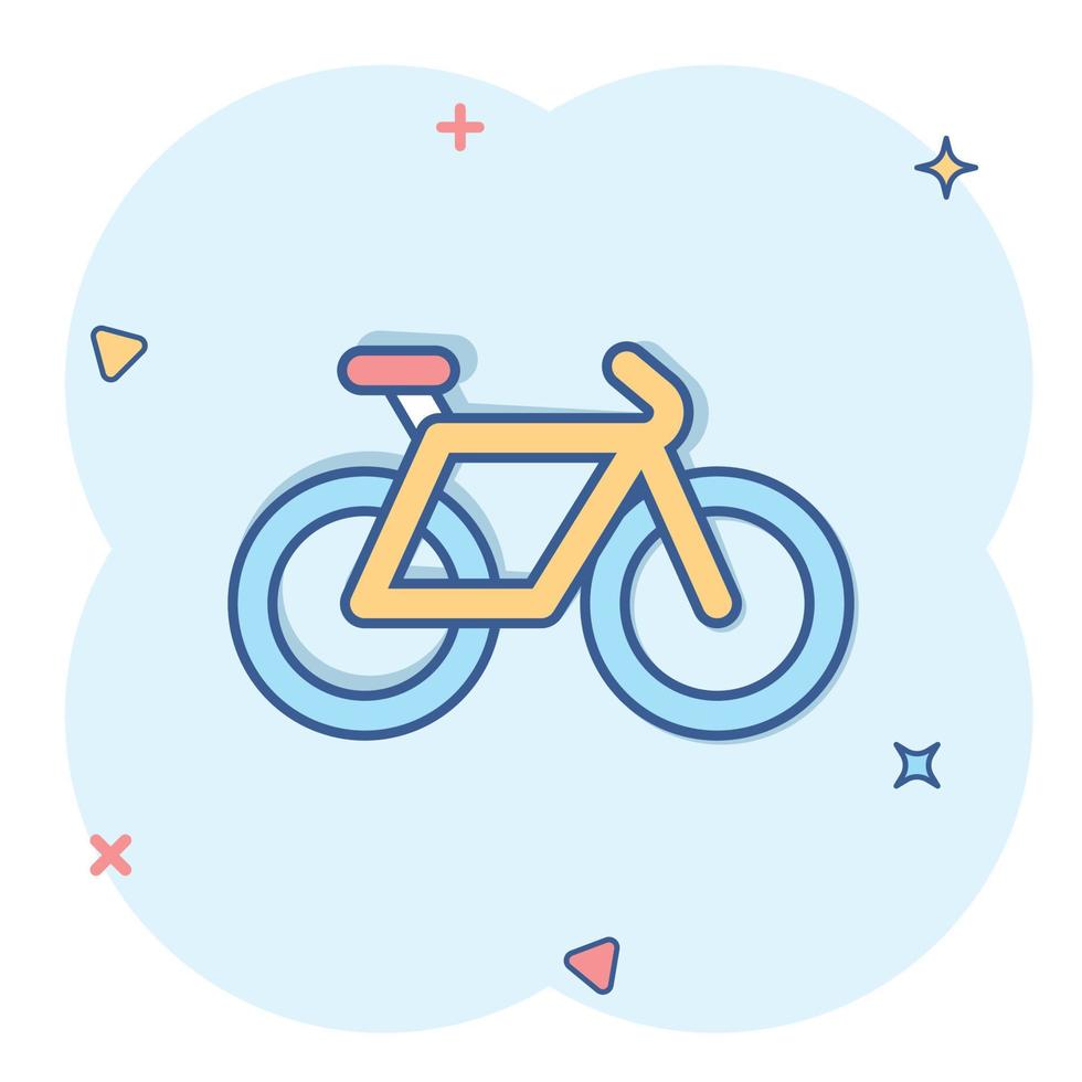 icono de bicicleta en estilo cómico. ilustración de vector de dibujos animados de bicicleta sobre fondo blanco aislado. concepto de negocio de efecto de salpicadura de viaje en bicicleta.