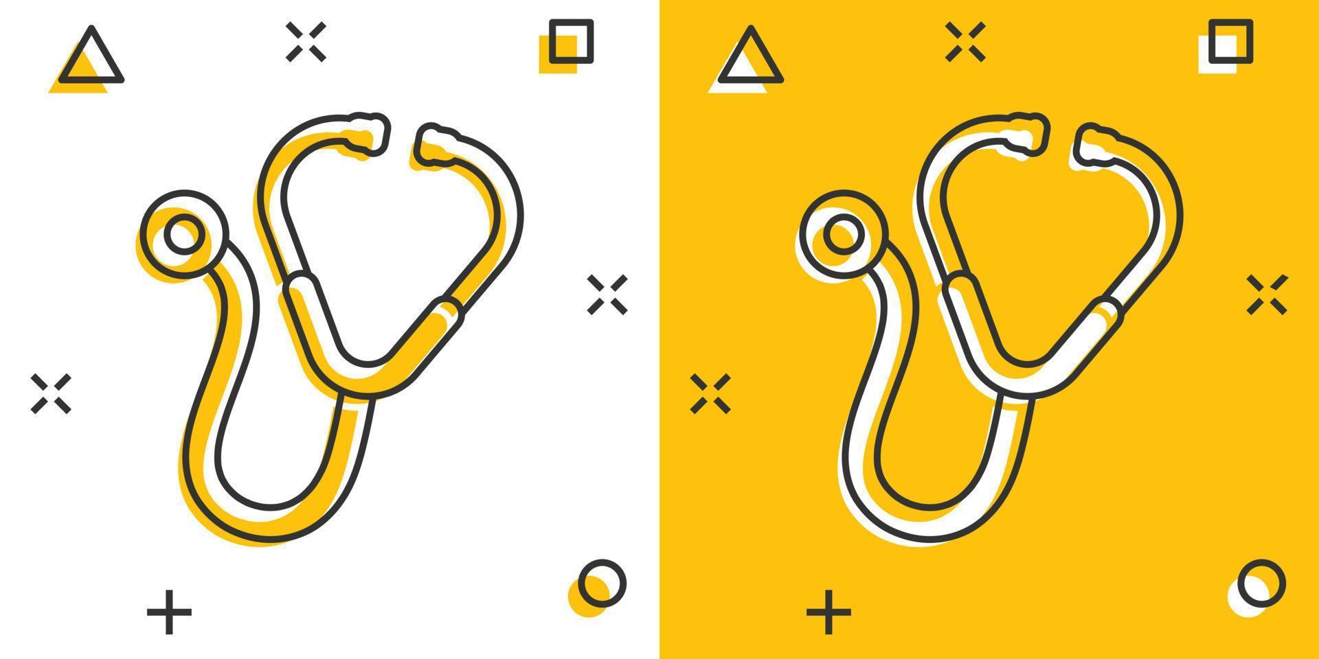 Stethoscope icon in comic style. Heart diagnostic cartoon vector illustration on isolated background. Medicine splash effect sign business concept.