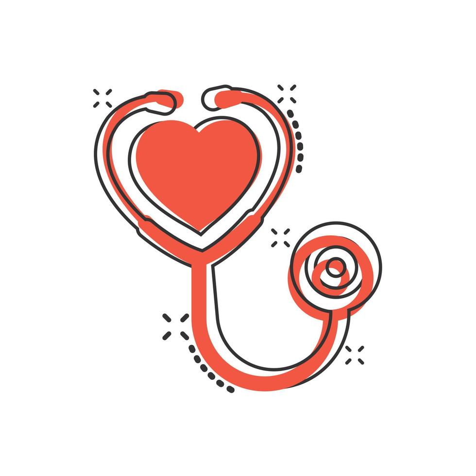 Stethoscope icon in comic style. Heart diagnostic cartoon vector illustration on isolated background. Medicine splash effect sign business concept.