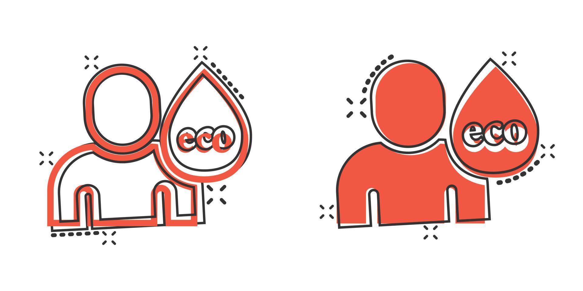 People healthy life icon in comic style. Water drop cartoon vector illustration on white isolated background. Organic ecosystem splash effect sign business concept.