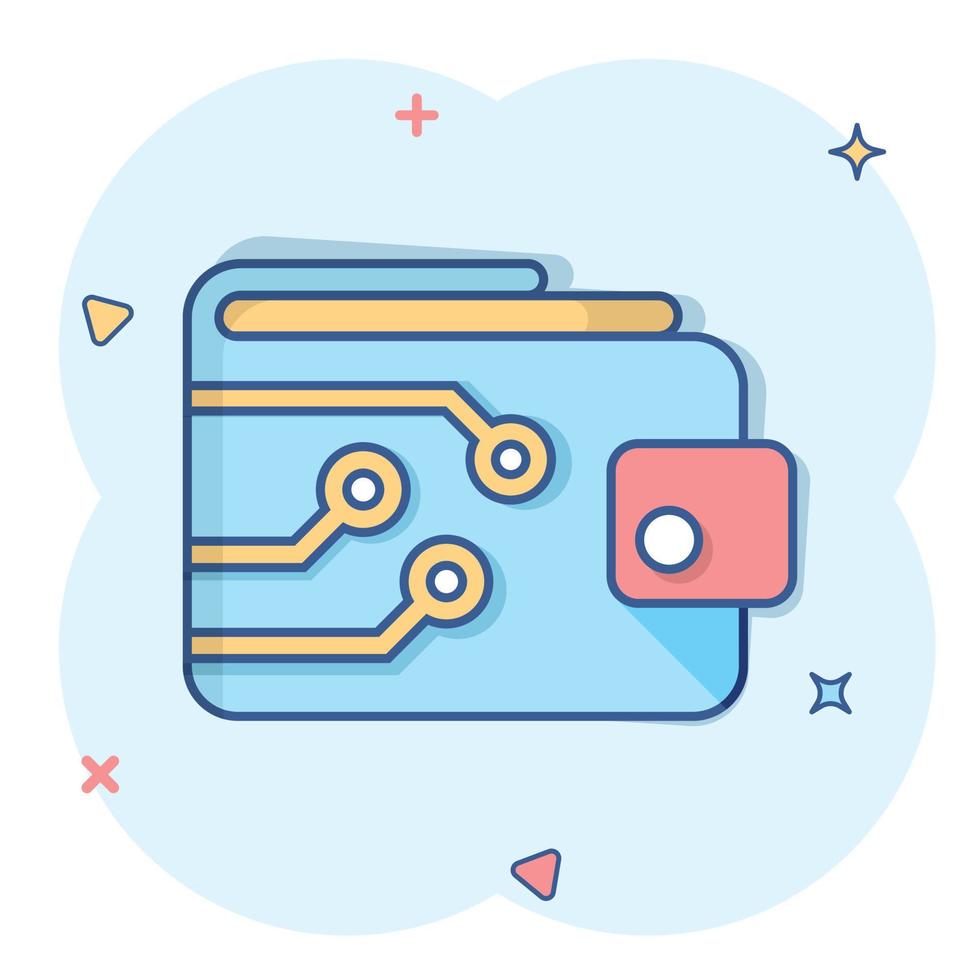 Digital wallet icon in comic style. Crypto bag vector cartoon illustration pictogram. Online finance, e-commerce business concept splash effect.