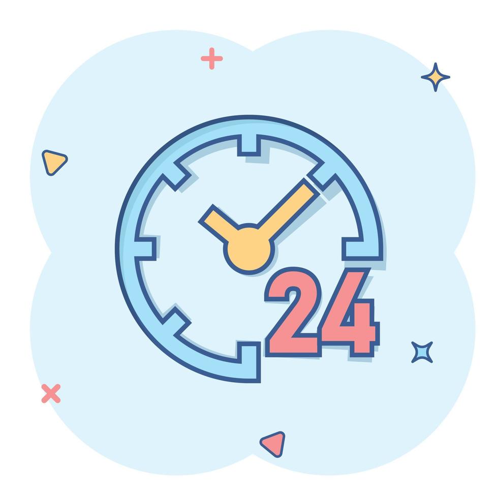 icono de reloj 24 7 en estilo cómico. ver ilustración de vector de dibujos animados sobre fondo blanco aislado. concepto de negocio de efecto de salpicadura de temporizador.