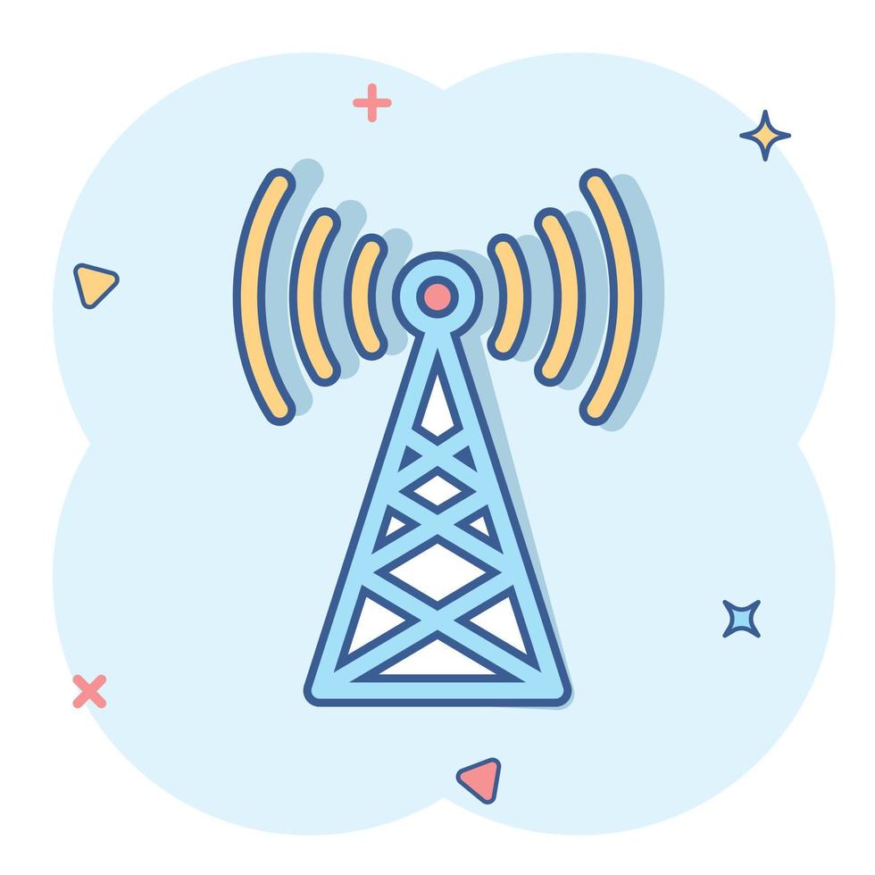 icono de torre de antena en estilo cómico. Ilustración de vector de dibujos animados de difusión sobre fondo blanco aislado. concepto de negocio de efecto de salpicadura wifi.